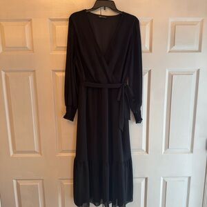 PrettyGarden Black Long Sleeve Wrap Midi Dress